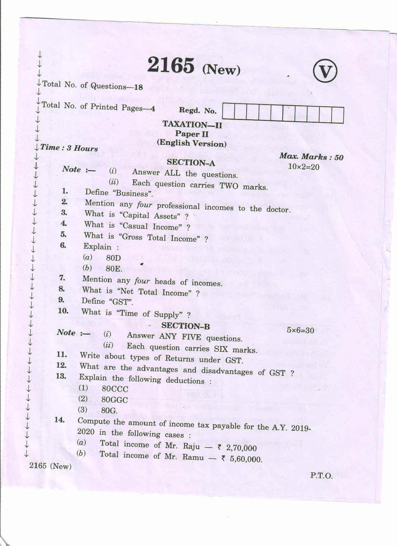 AP Inter 2nd Year Vocational Question Paper March - 2020 - Taxation - II (new) - Page 1