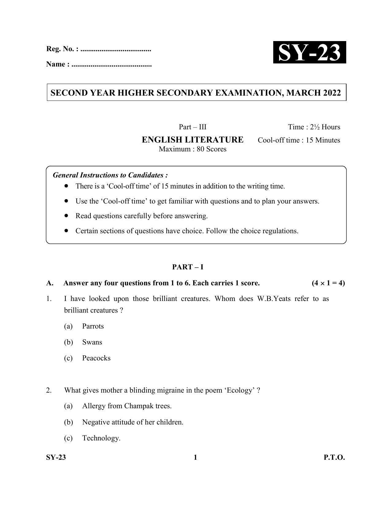 Kerala Plus Two Question Paper 2022 - English Literature - Page 1