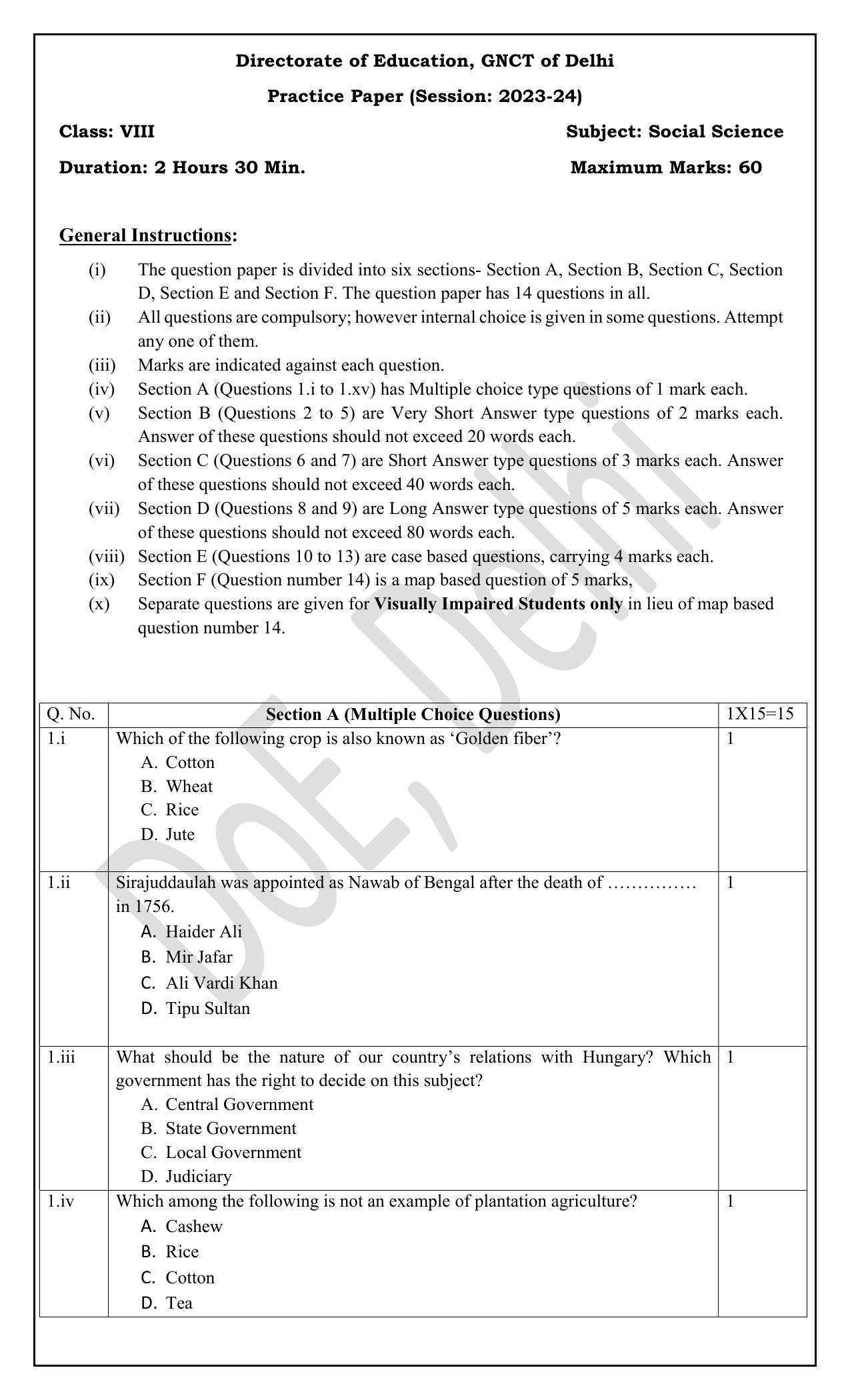 Edudel Class 8 Social Science (English) Practice Papers-1 (2023-24) - Page 1