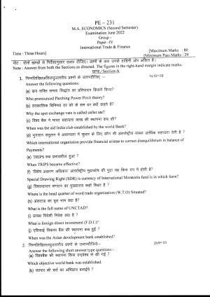 Bilaspur University Question Paper June 2022:M.A. Economics (Second Semester) International Trade & Finance Paper 1