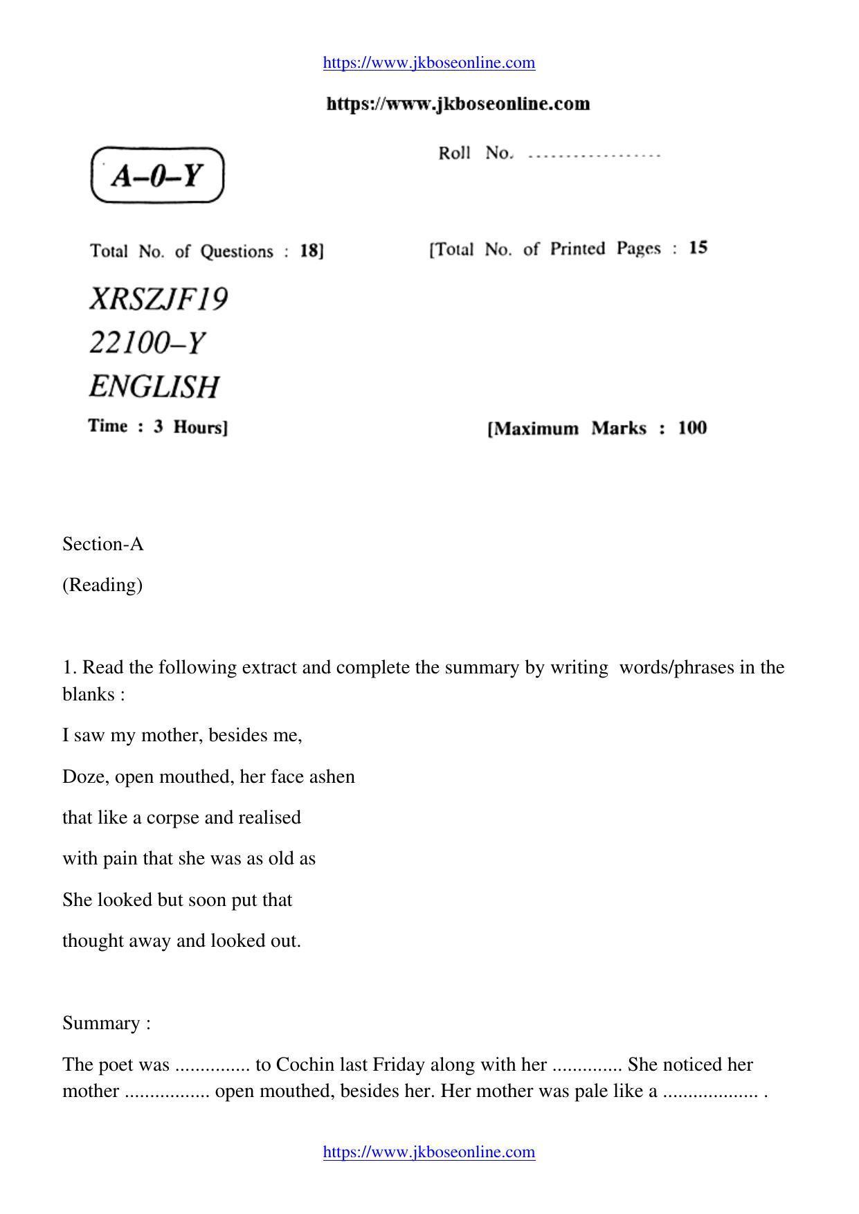JKBOSE CLASS 10 English 22100-Y-2019 - Page 1