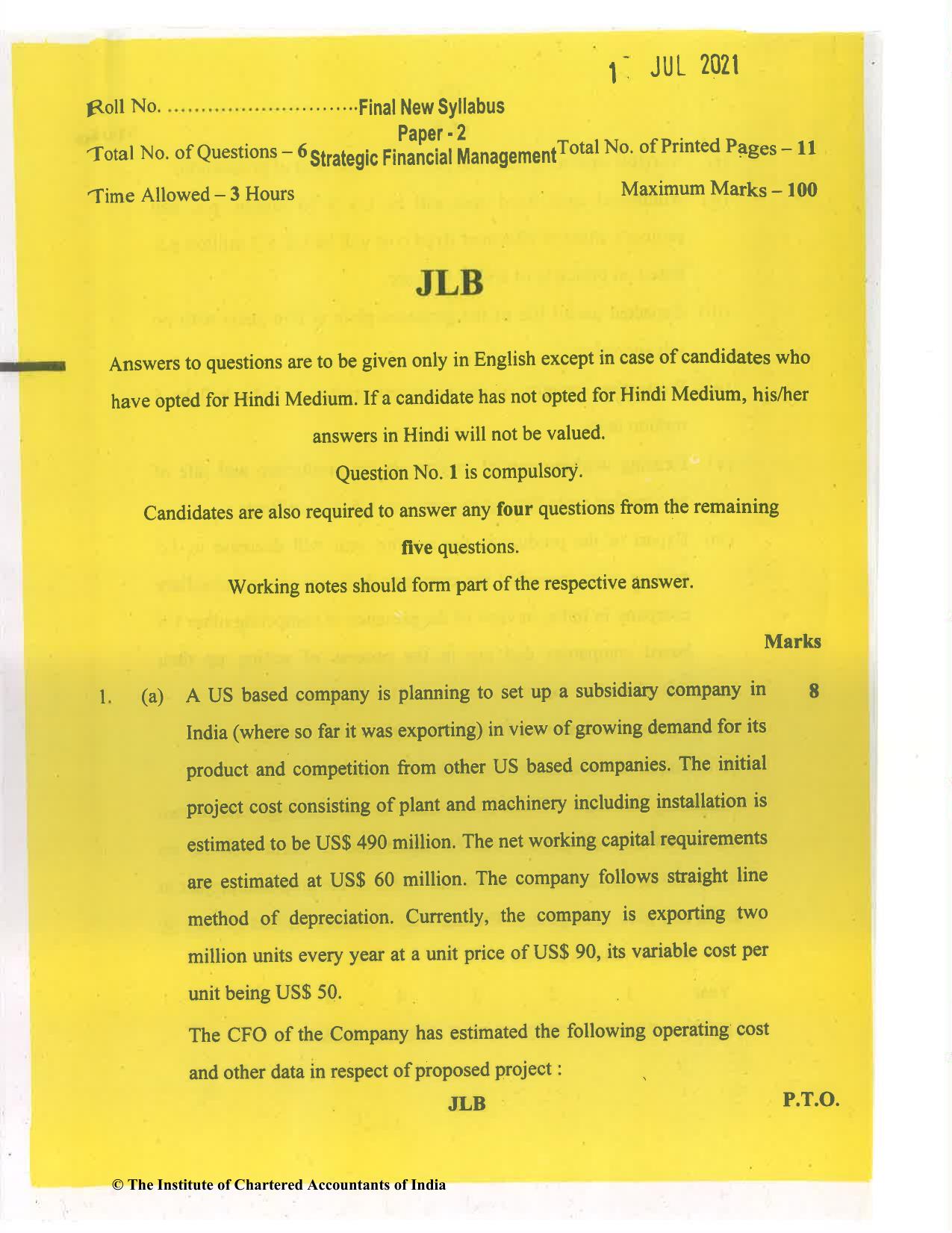 CA Final Jul 2021 Question Paper - Paper 2 – Strategic Financial Management - Page 1