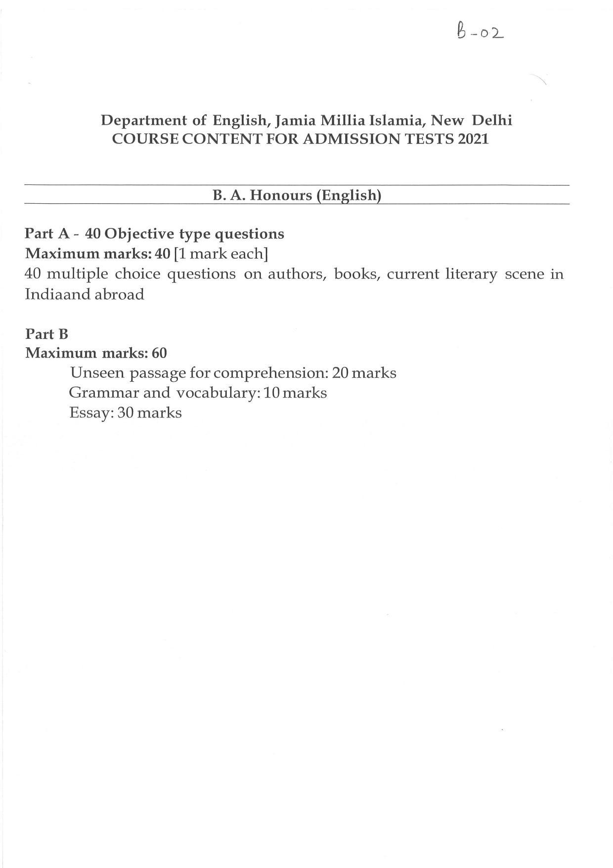 JMI Entrance Exam B02-B.A. (Hons) (English) Syllabus - Page 1