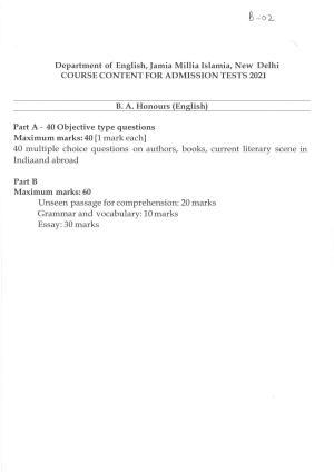 JMI Entrance Exam B02-B.A. (Hons) (English) Syllabus