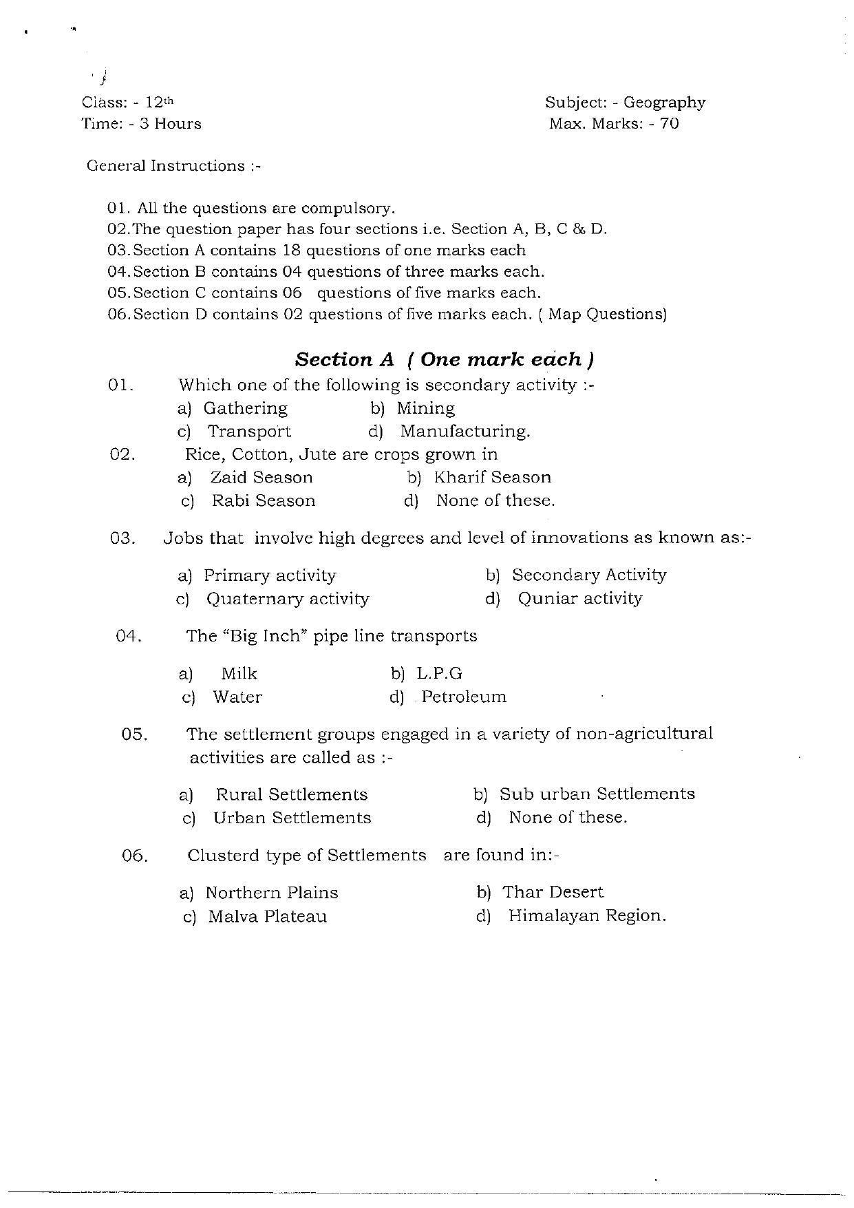 JKBOSE Class 12 Geography Model Question Paper 2023 - Page 1