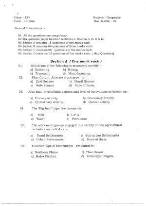 JKBOSE Class 12 Geography Model Question Paper 2023