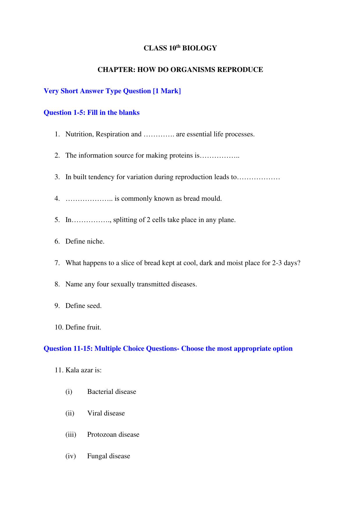 JKBOSE Class 10 HOW DO ORGANISMS REPRODUCE Question Bank - Page 1