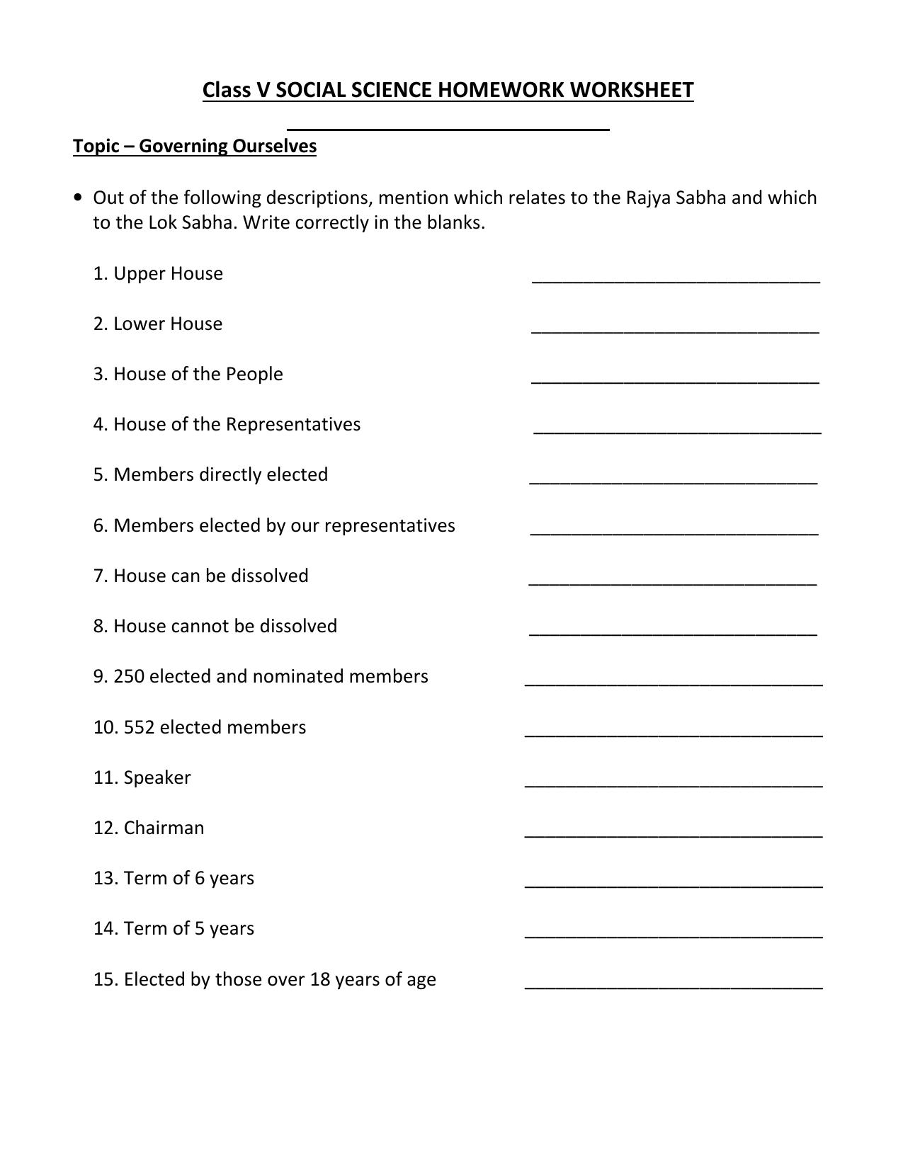 Worksheet for Class 5 Social Science Governing Ourselves Assignment - Page 1