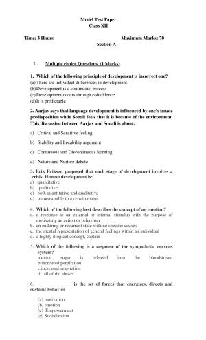 PSEB 10th Psychology Model Paper 2024