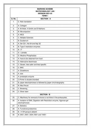 CBSE Class 12th Biotechnology Sample Question Paper Answer Key 2021-22