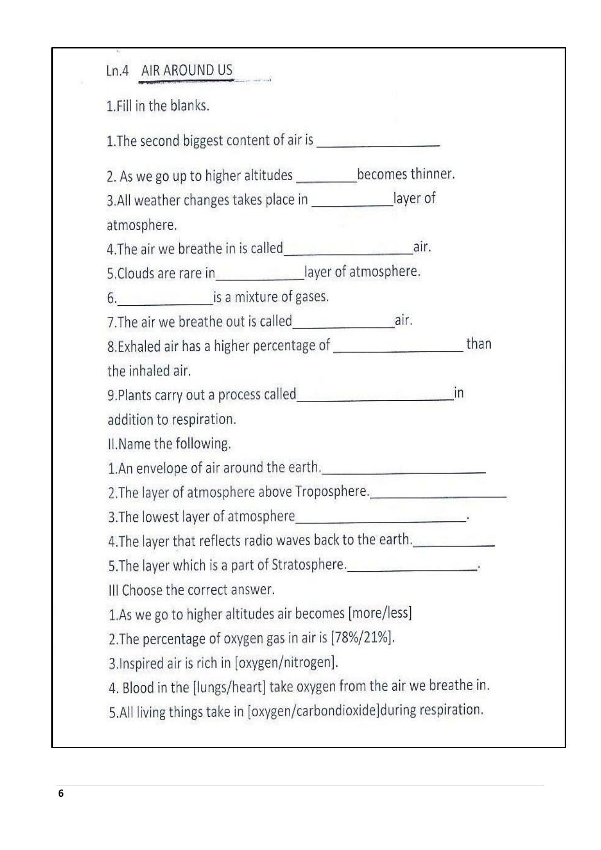 Worksheet for Class 5 Science Air Around Us Assignment 2 - Page 1