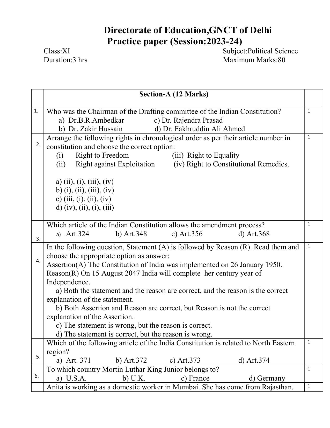 Edudel Class 11 Political Science (English) Practice Papers-1 (2023-24) - Page 1