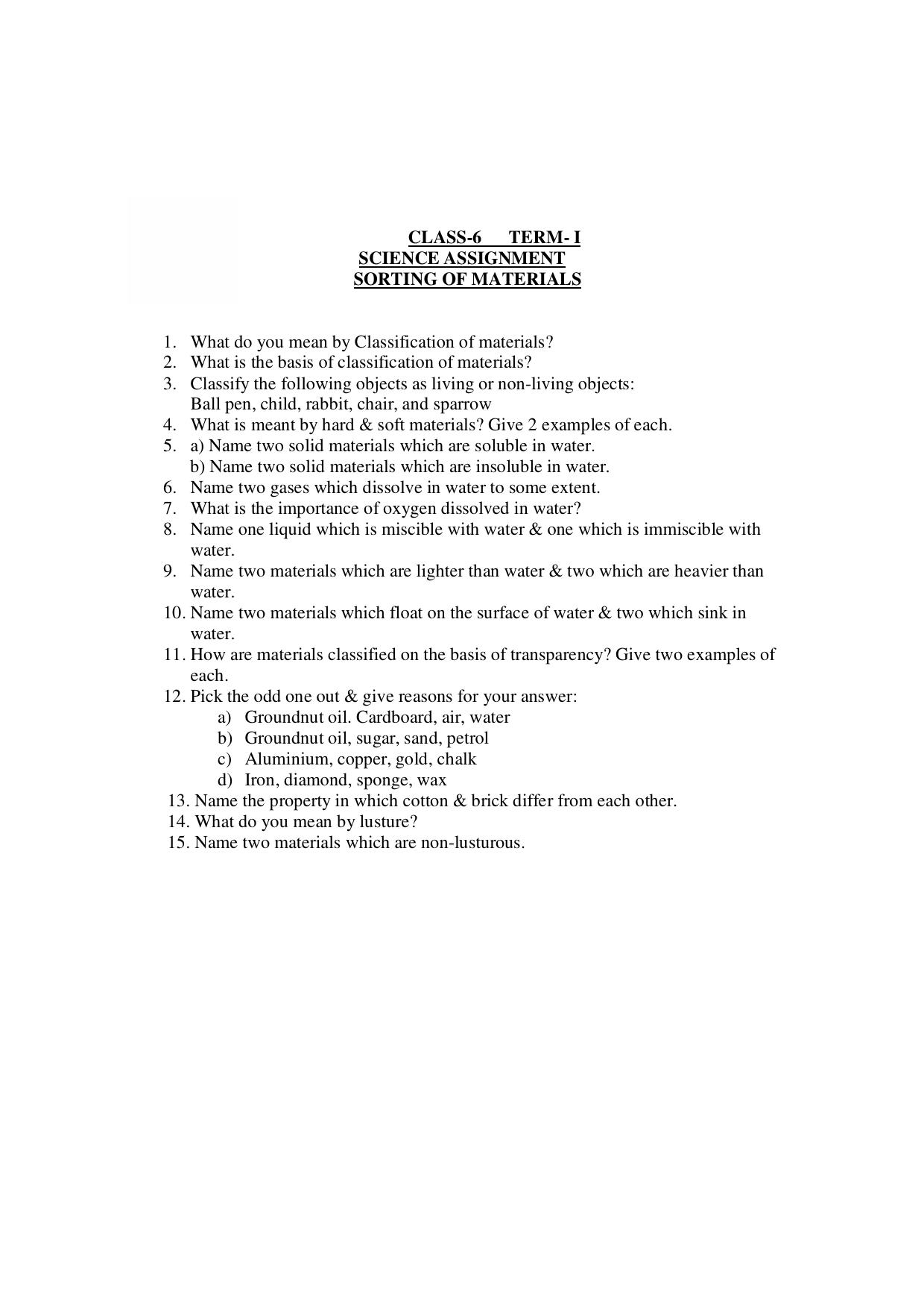 CBSE Worksheets for Class 6 Science Sorting of Materials Assignment - Page 1