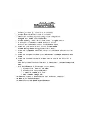 CBSE Worksheets for Class 6 Science Sorting of Materials Assignment