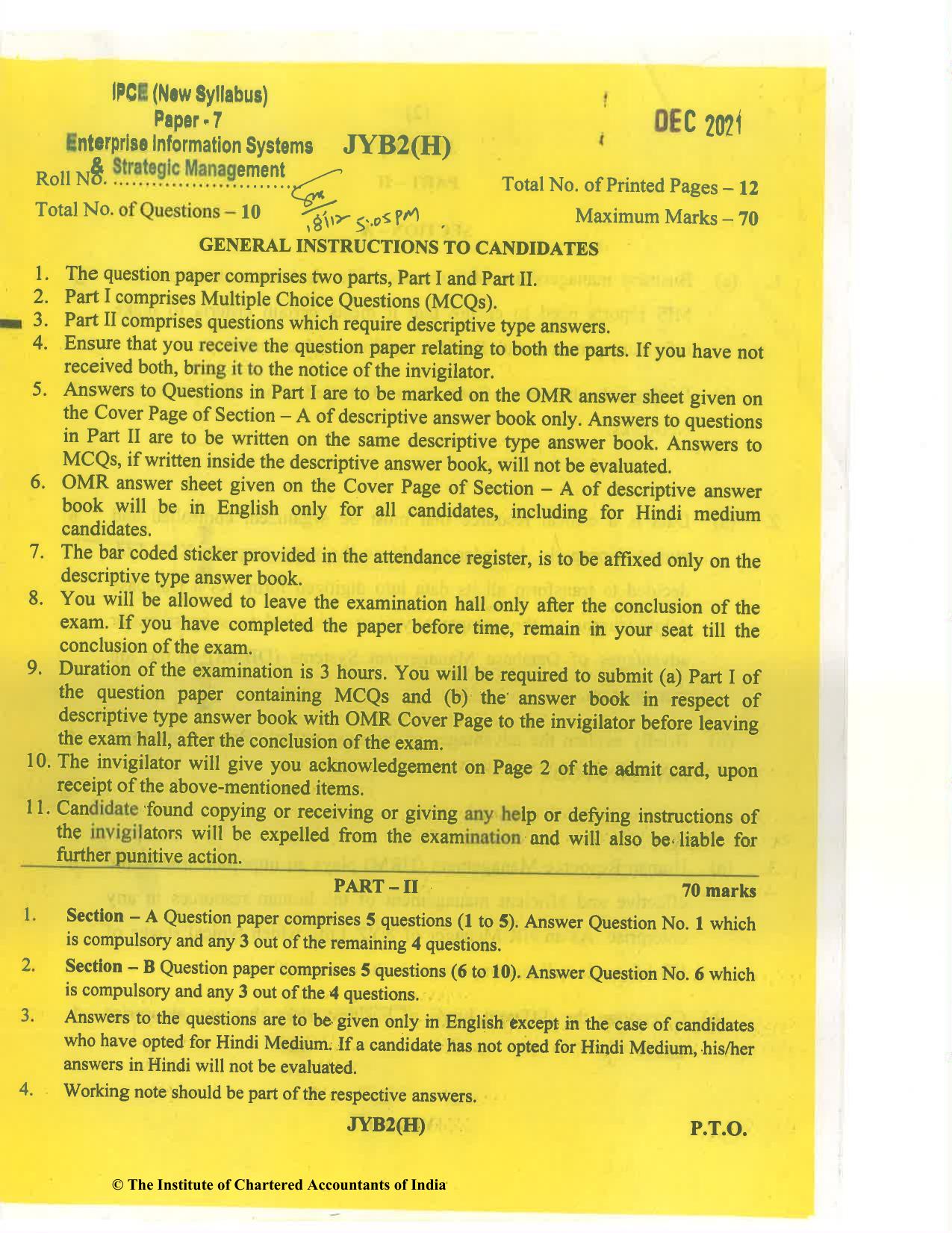CA Inter Dec 2021 Question Paper - Paper 7 – Enterprise Information Systems & Strategic Management - Page 1