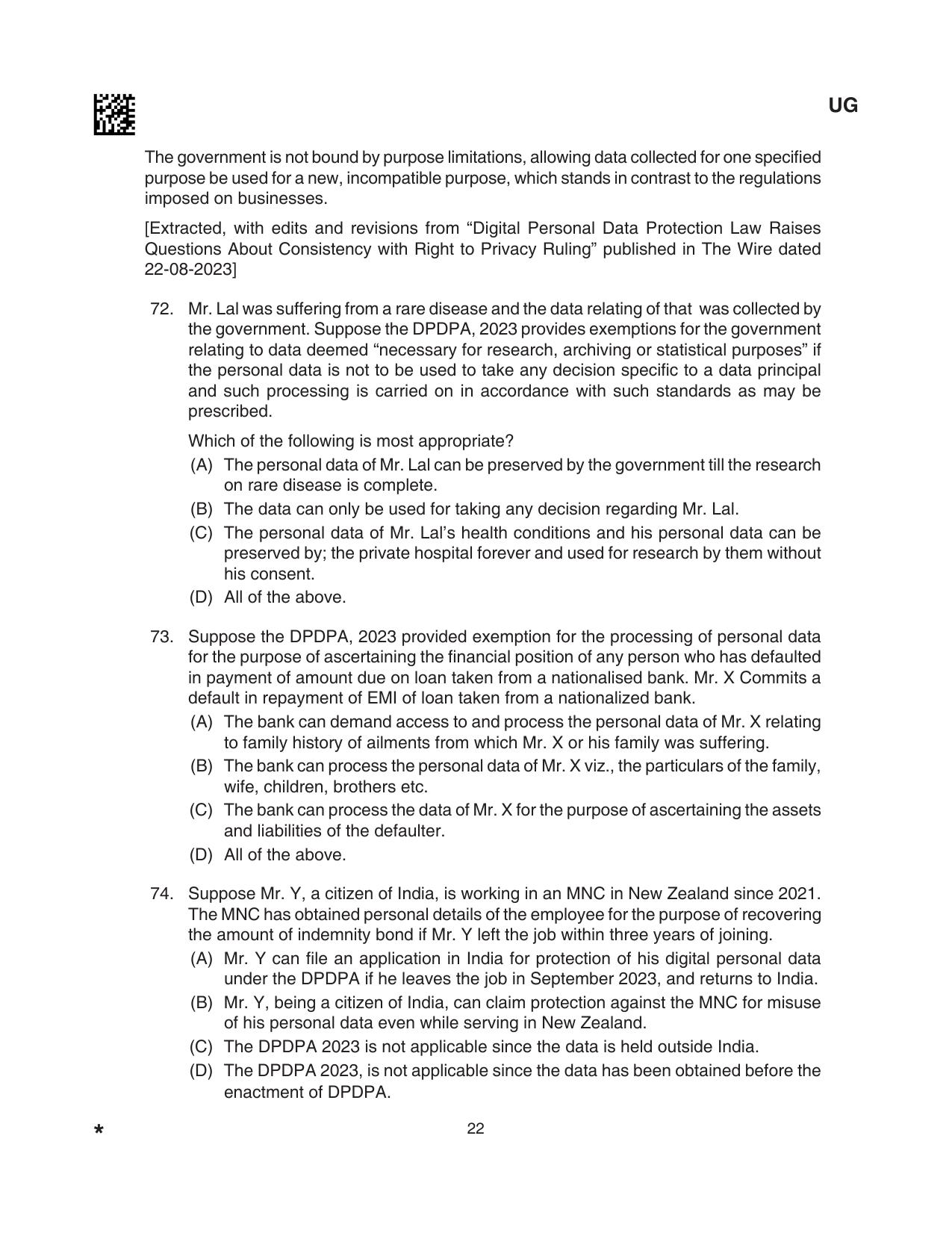 CLAT 2024 UG SET A Question Paper - Page 22