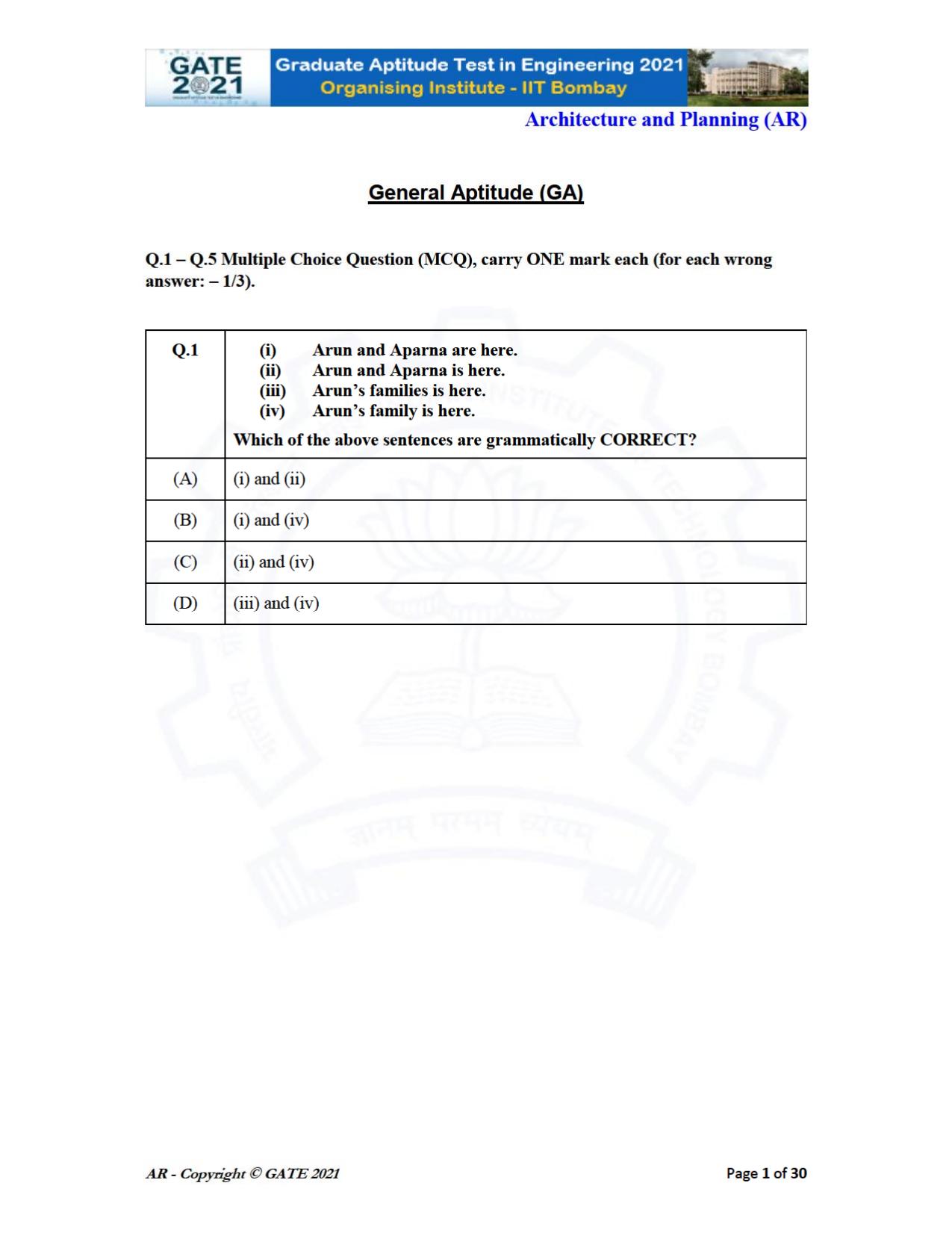GATE 2021 Architecture and Planning (AR) Question Paper - Page 1