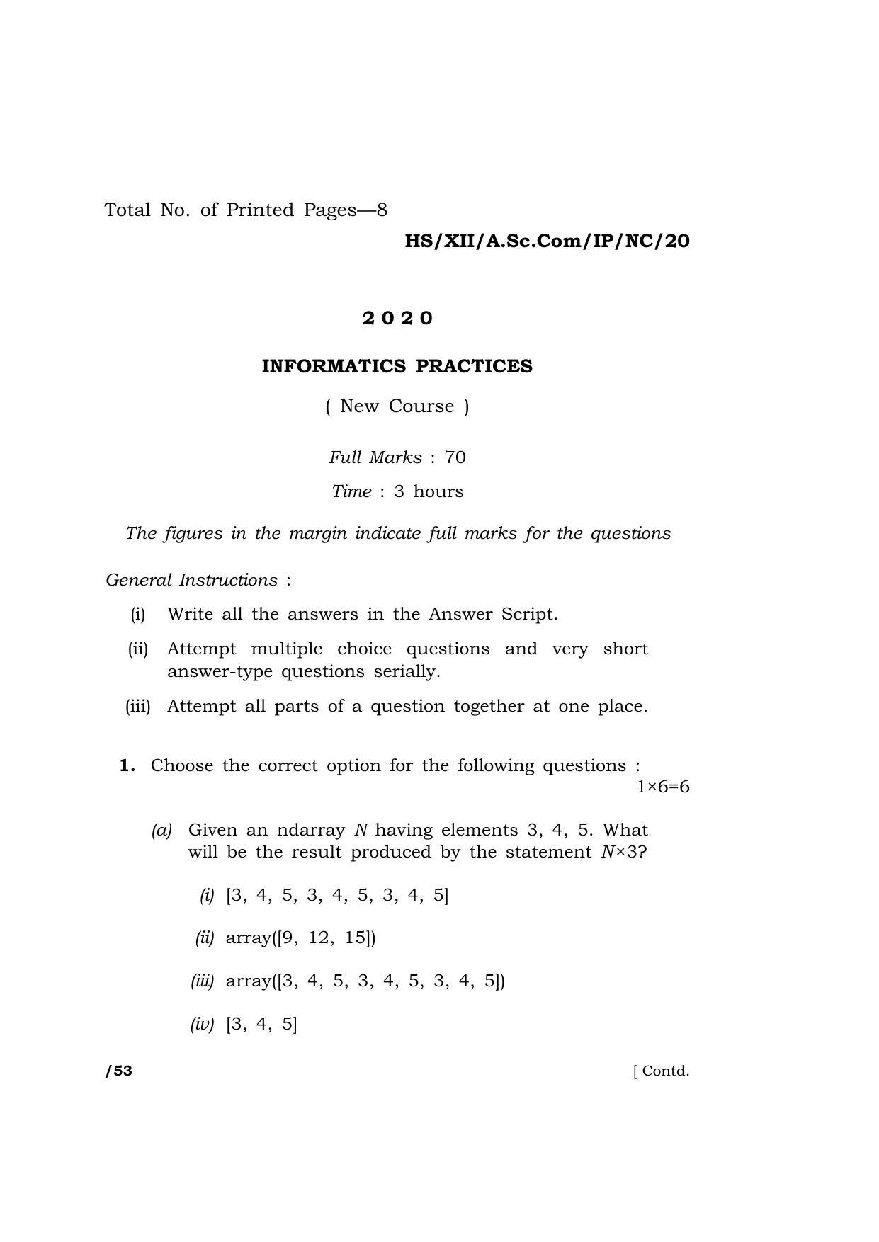 Meghalaya Board (MBOSE) Class 12 INFORMATICS PRACTICES ( New Course ) 2020 Question Paper - Page 1