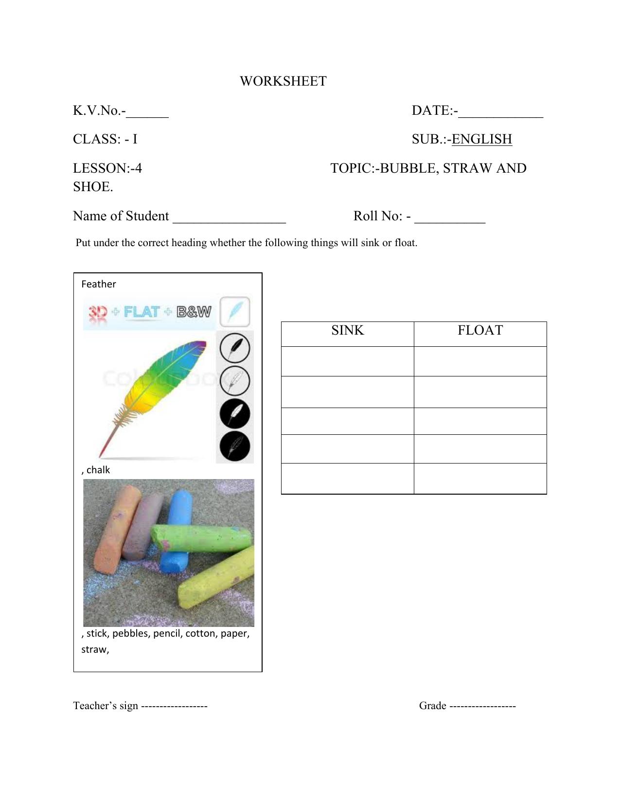 Worksheet for Class 1 English Assignment 19 Bubble, Straw and Shoe - Page 1