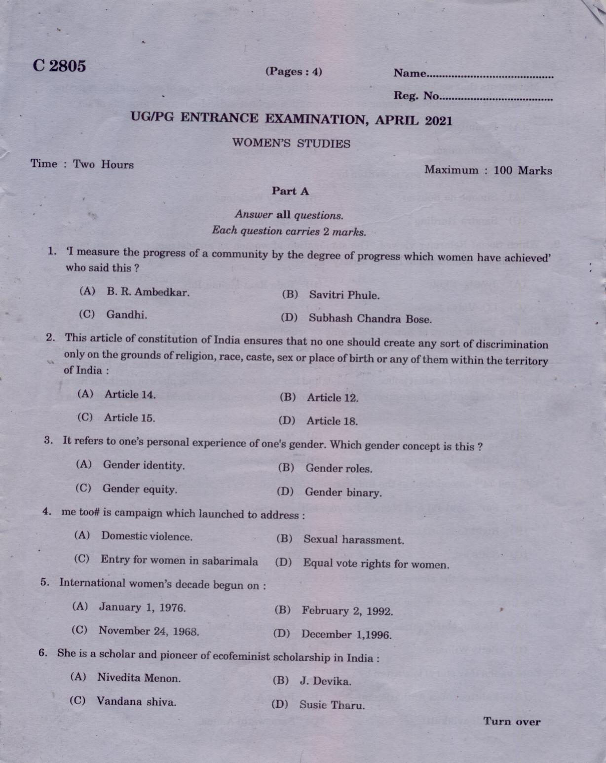 CUCAT 2021 M.A Women’s Studies Question Paper - Page 1