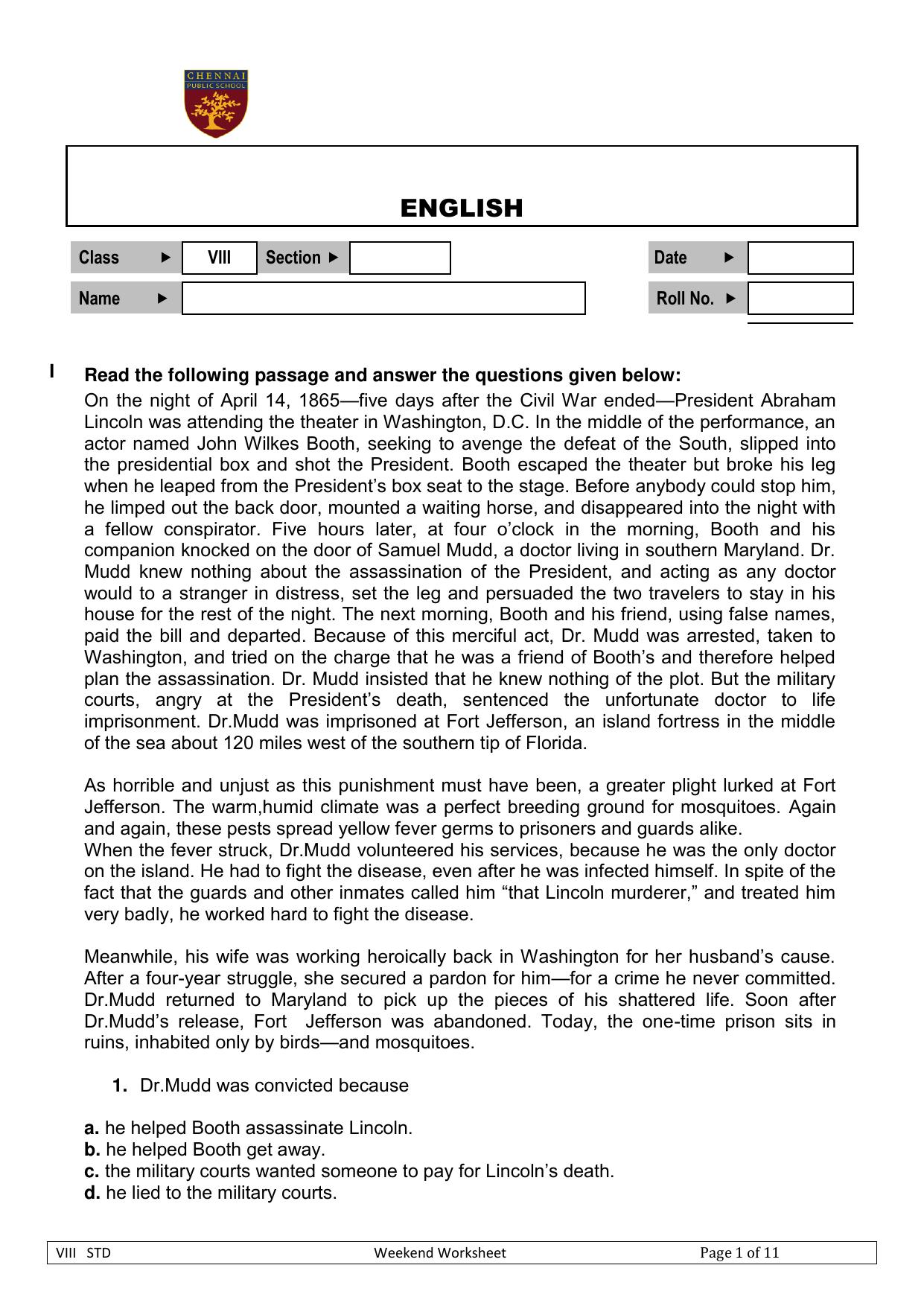 CBSE Class 8 English Worksheet Passage Assignment 3 - Page 1
