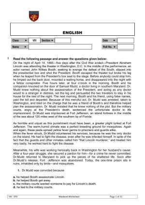 CBSE Class 8 English Worksheet Passage Assignment 3