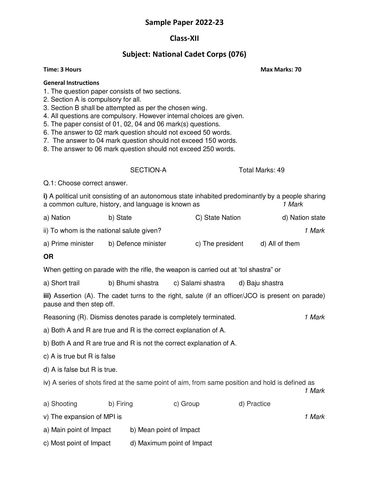 CBSE Class 12 NCC Sample Paper 2023 - Page 1