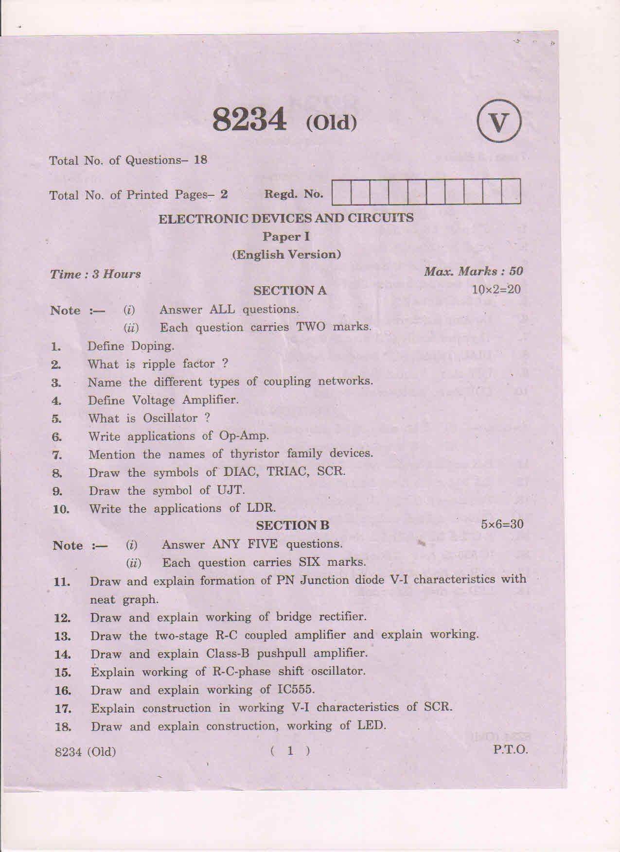 AP Inter 1st Year Eloctronic Devices and Circuits-I (Old) March-2019-Vocational Question Paper - Page 1