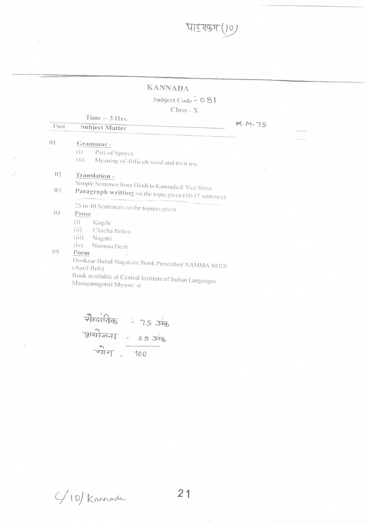 CGBSE Class 10th Syllabus 2021-2022 - Kannad - Page 1