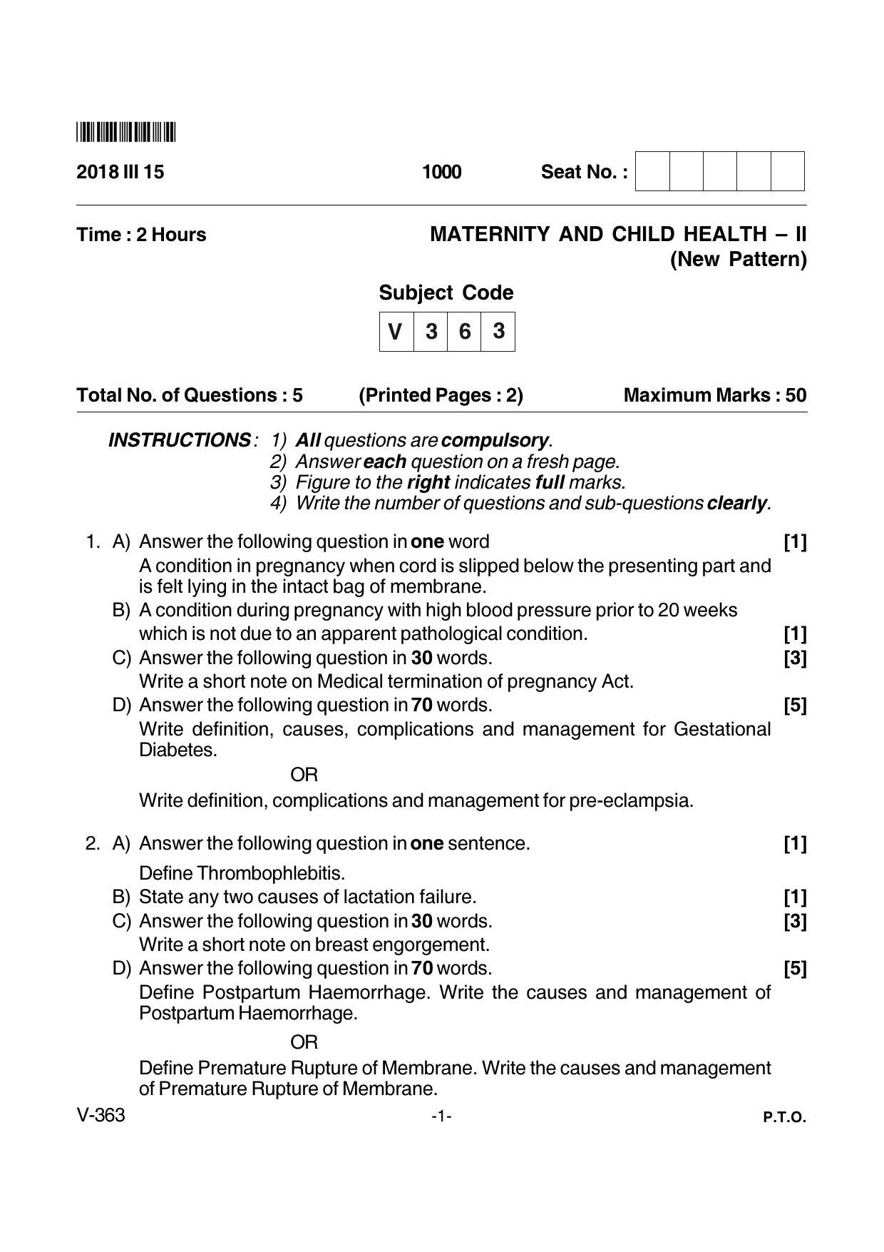 Goa Board Class 12 Maternity and Child Health - II Voc 363 New Pattern (March 2018) Question Paper - Page 1