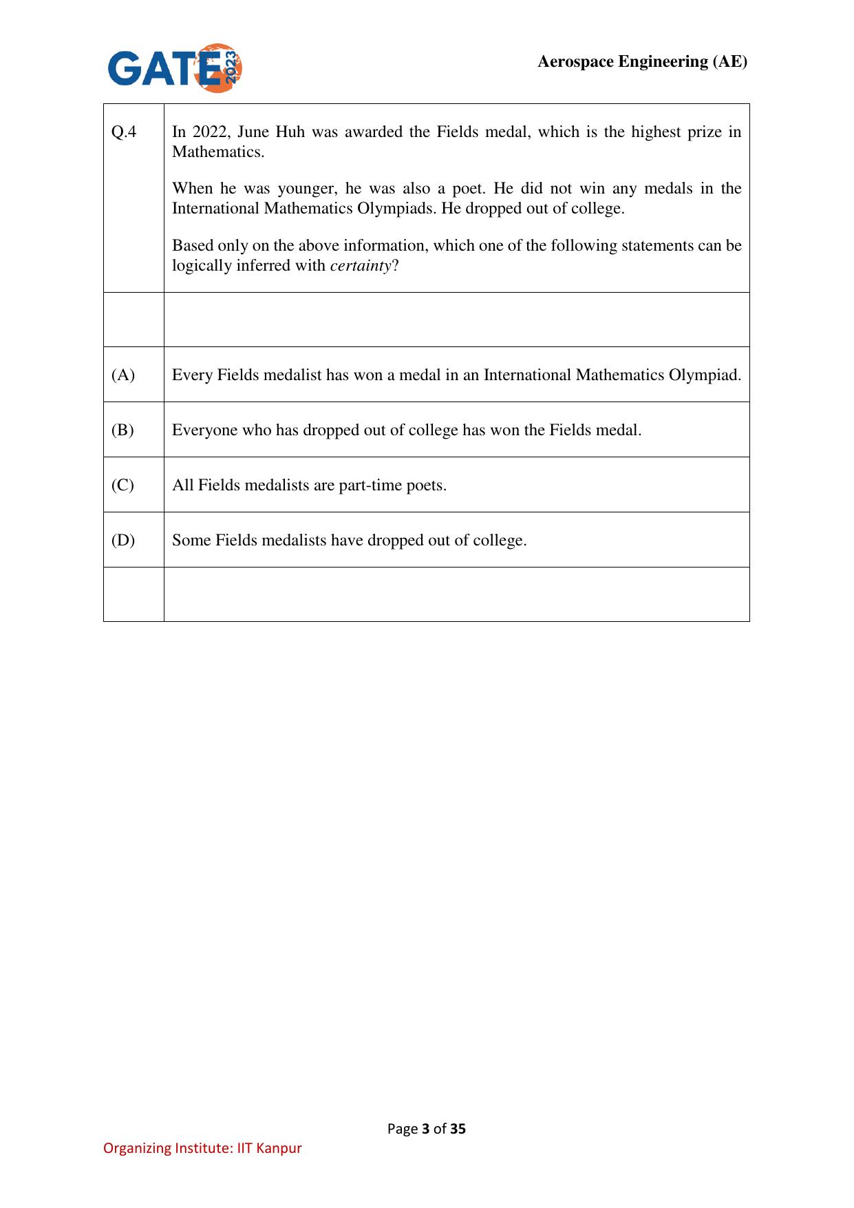 GATE 2023 Aerospace Engineering (AE) Question Paper - Page 3