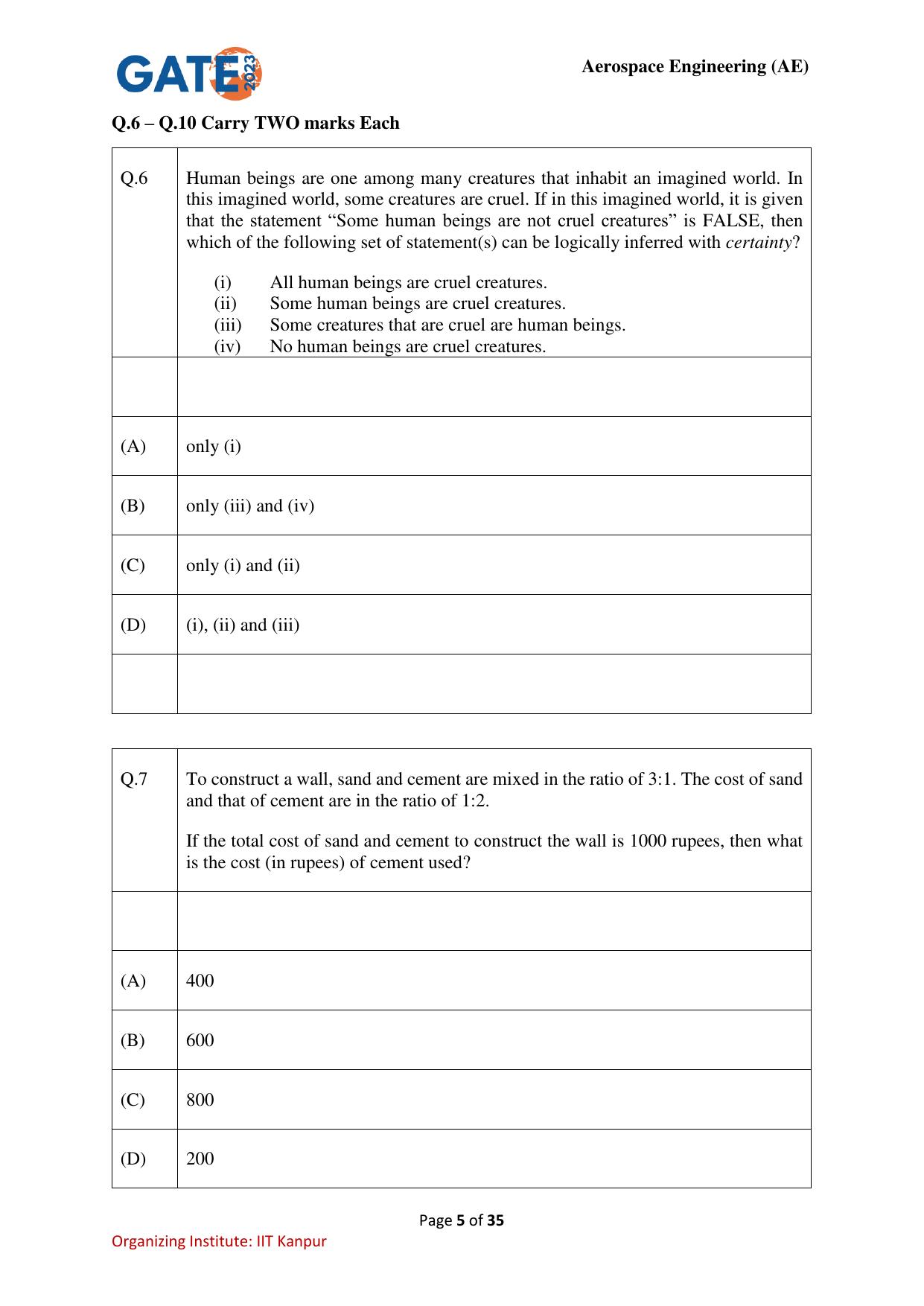 GATE 2023 Aerospace Engineering (AE) Question Paper - Page 5
