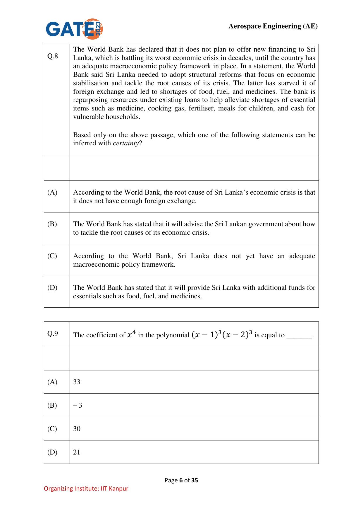 GATE 2023 Aerospace Engineering (AE) Question Paper - Page 6