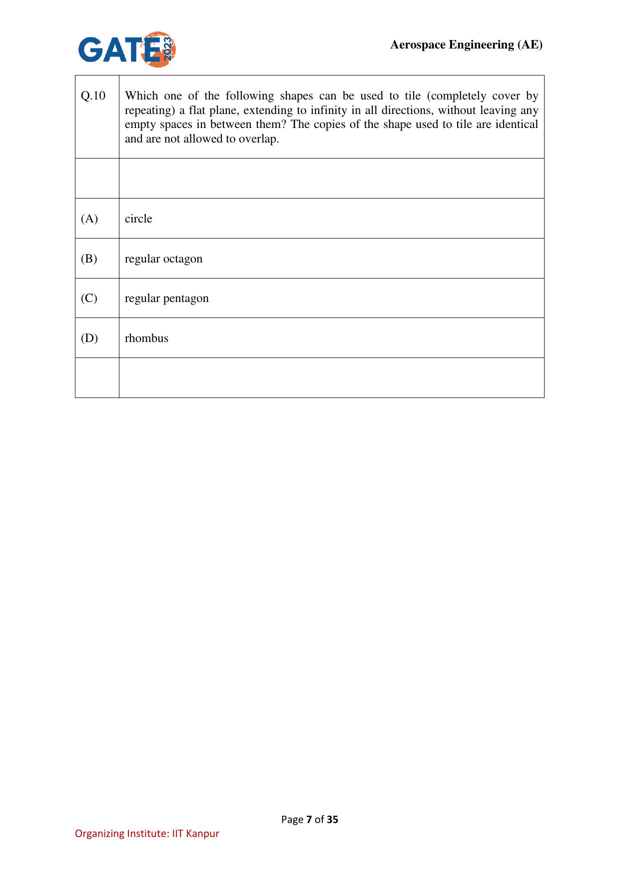 GATE 2023 Aerospace Engineering (AE) Question Paper - Page 7