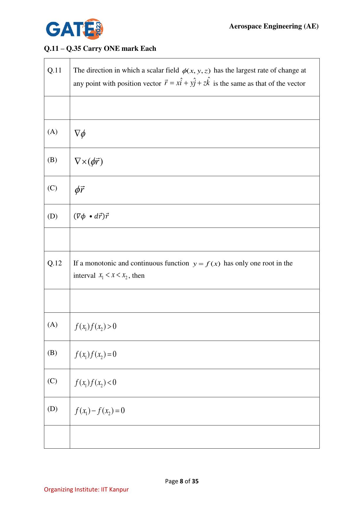 GATE 2023 Aerospace Engineering (AE) Question Paper - Page 8