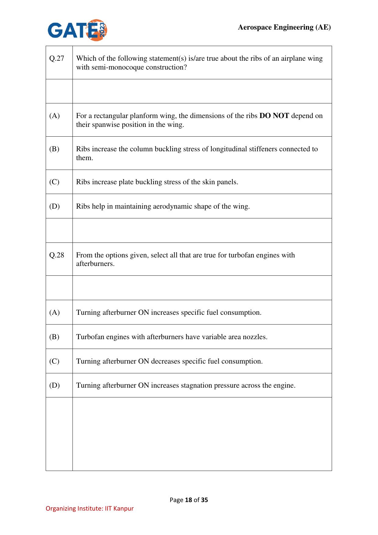 GATE 2023 Aerospace Engineering (AE) Question Paper - Page 18