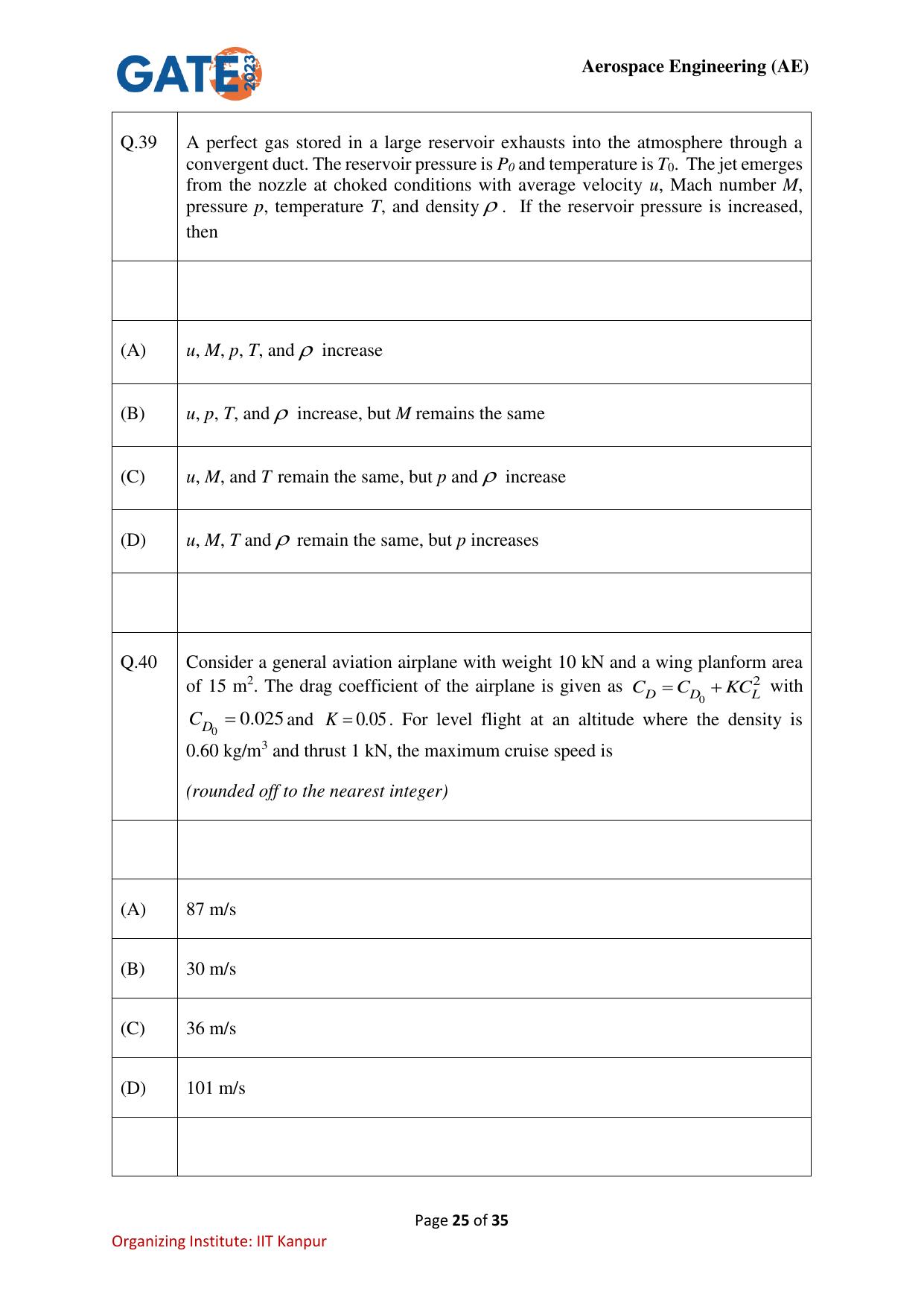 GATE 2023 Aerospace Engineering (AE) Question Paper - Page 25