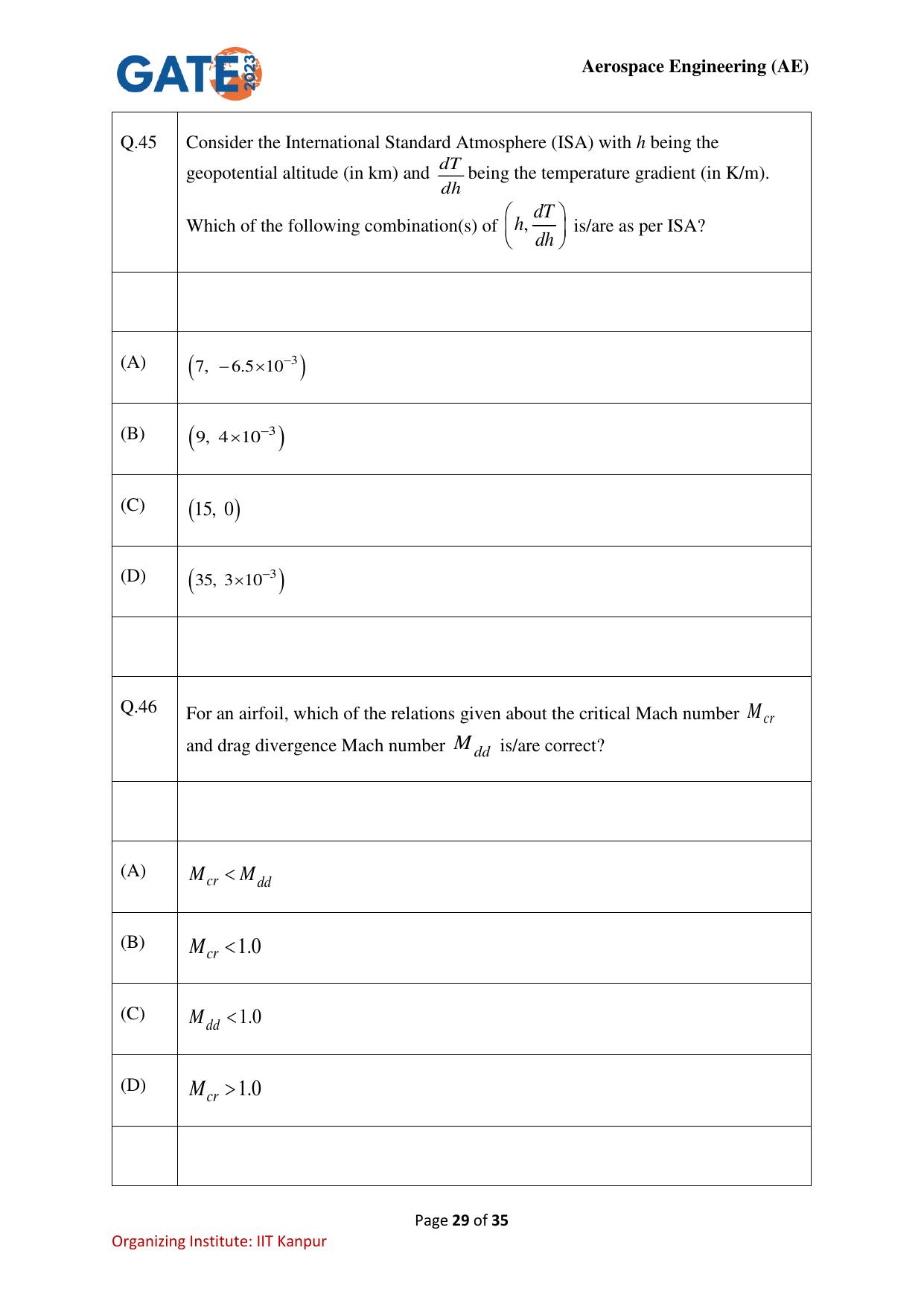 GATE 2023 Aerospace Engineering (AE) Question Paper - Page 29