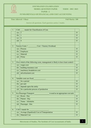 ICMAI Dec 2023 - Paper 2 – FUNDAMENTALS OF FINANCIAL AND COST ACCOUNTING