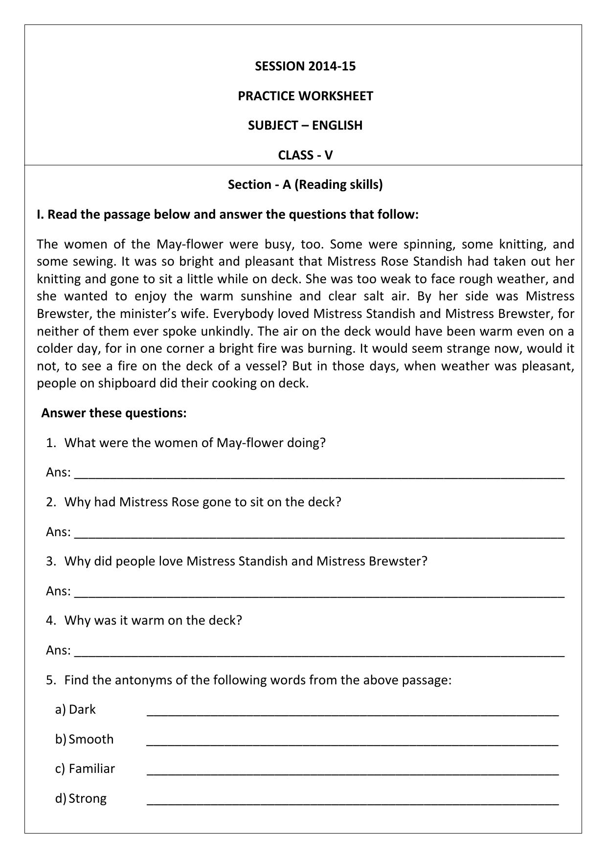 Worksheet for Class 5 English Practice Assignment - Page 1