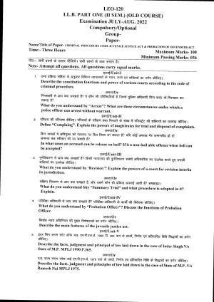 Bilaspur University Question Paper July 2022:LL.B. Part One (II Sem.)(Old Course) Criminal Procedure Code. Juvenile Act,Probation Of Offenders Act Paper 1