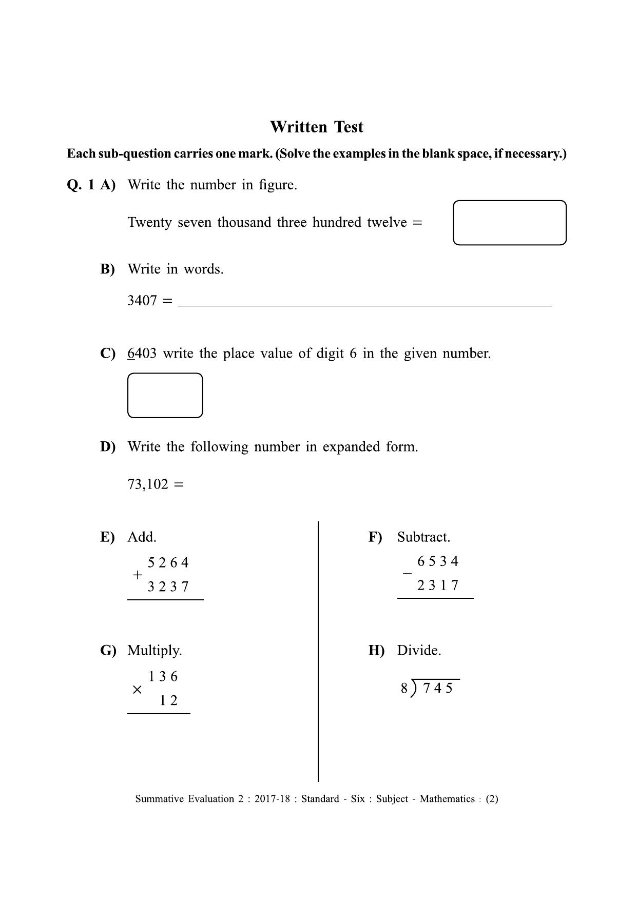 Maharashtra Board Class 6 Maths - English Medium (गणित - इंग्रजी माध्यम) Sample Question Paper - Page 2