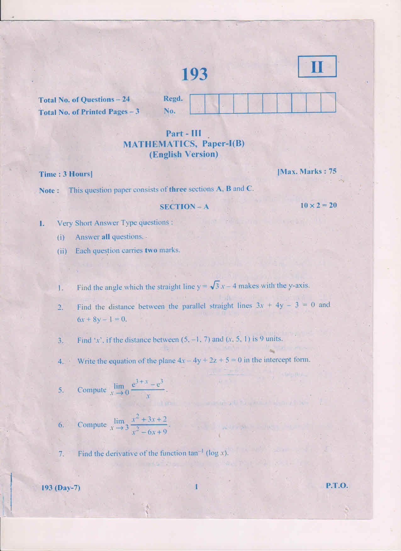 AP Inter 1st Year Maths-IB (EM) March-2019-General Question Paper - Page 1