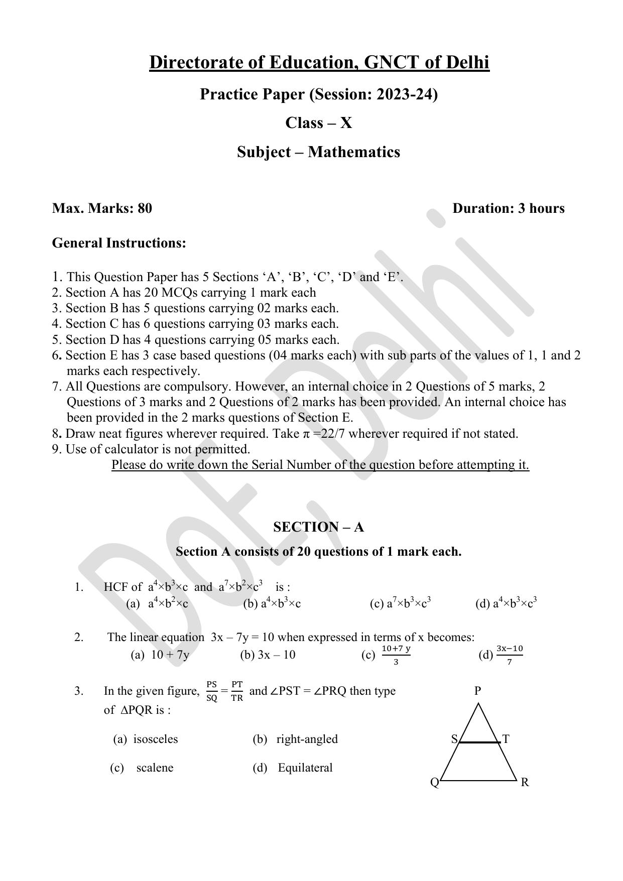 Edudel Class 10 Math (English) Practice Papers-2 (2023-24) - Page 1