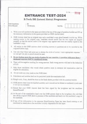 KUET 2024 BE/BTech Lateral Entry Question Paper
