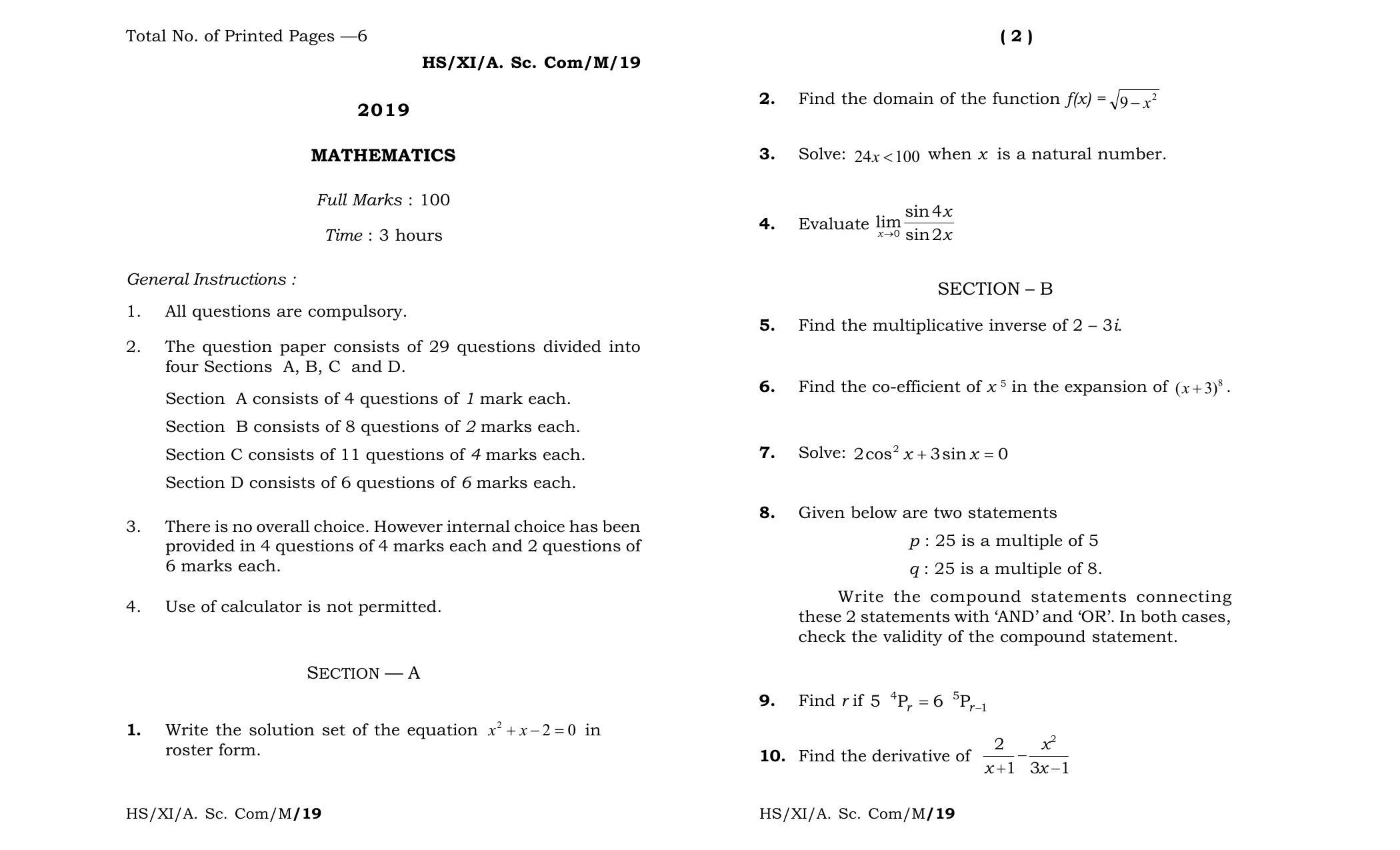 Meghalaya Board (MBOSE) Class 11 Mathematics 2019 Question Paper - Page 1