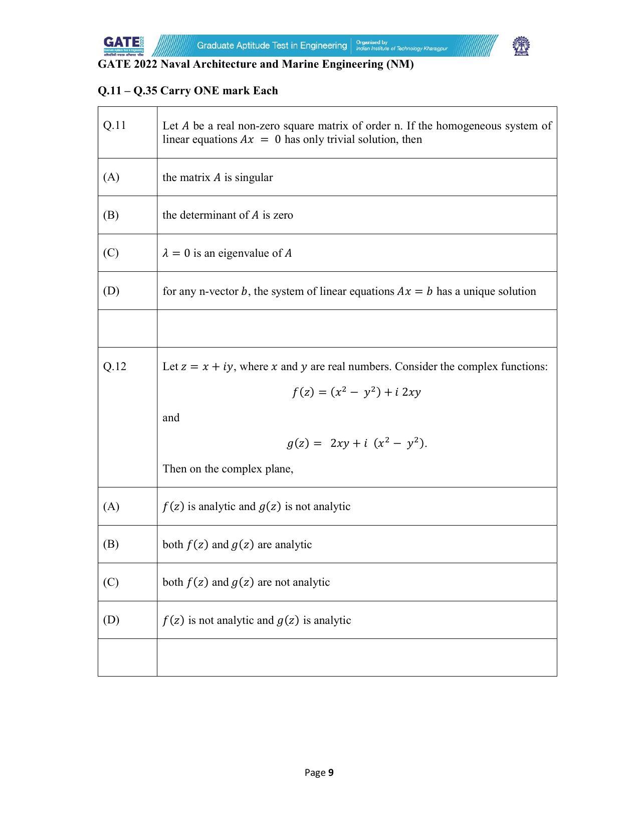 GATE 2022 Naval Architecture and Marine Engineering (NM) Question Paper - Page 9