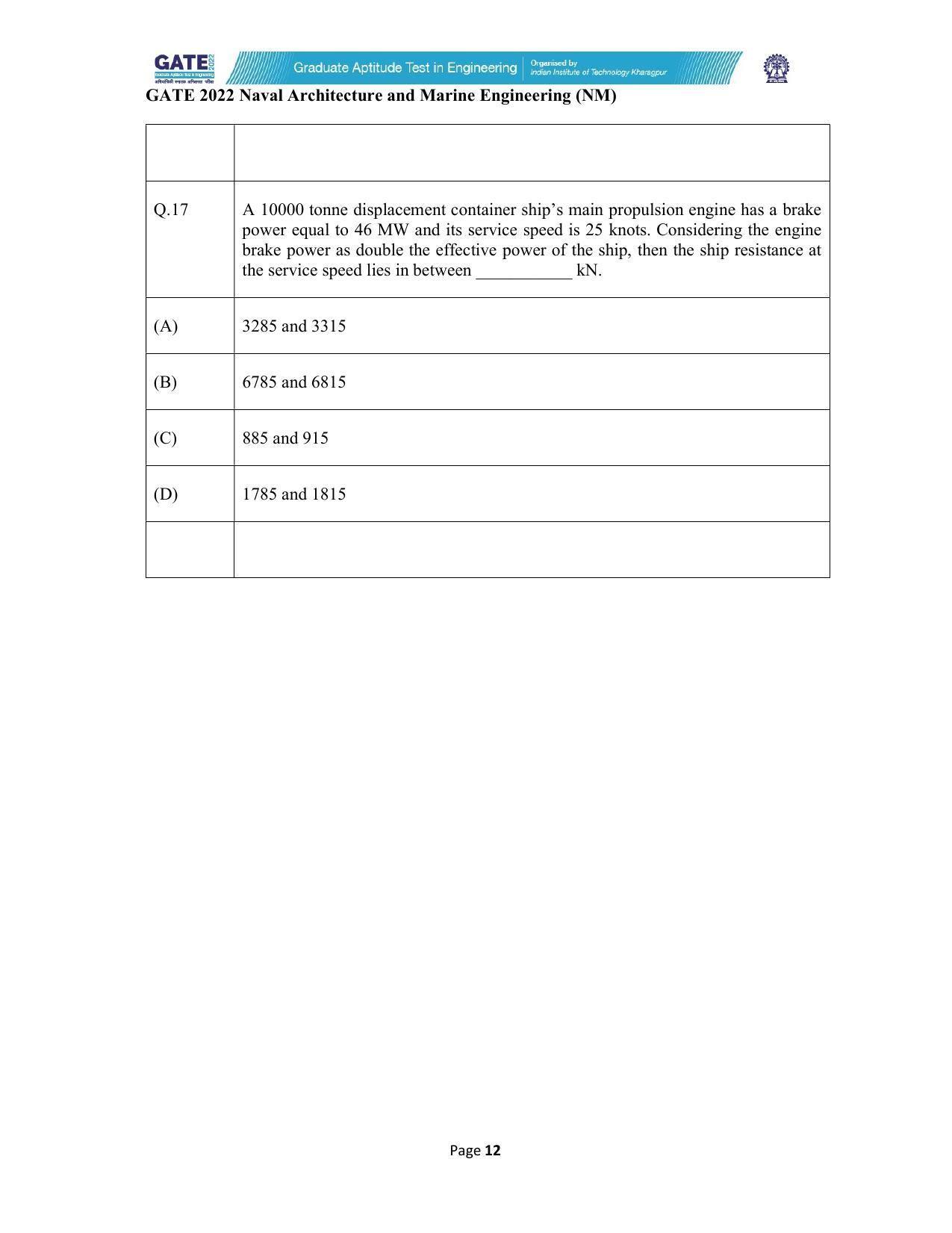 GATE 2022 Naval Architecture and Marine Engineering (NM) Question Paper - Page 12