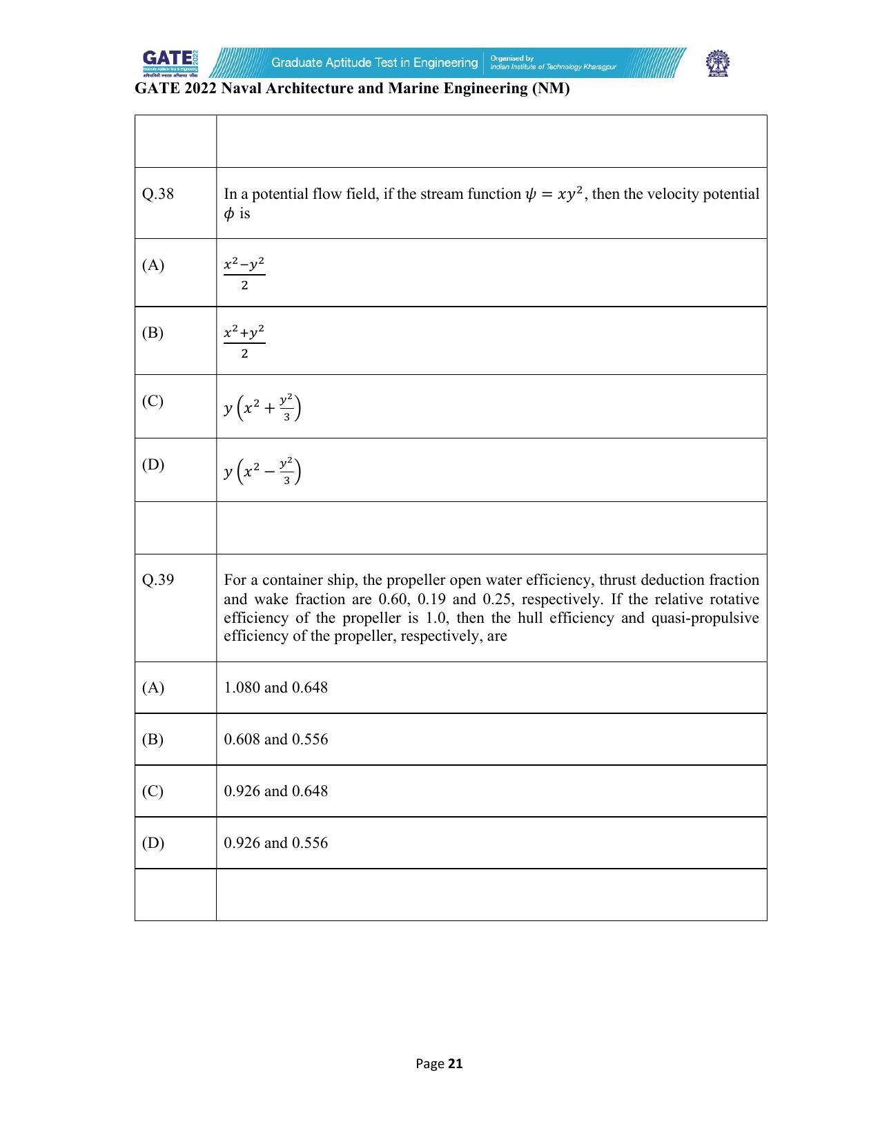GATE 2022 Naval Architecture and Marine Engineering (NM) Question Paper - Page 21