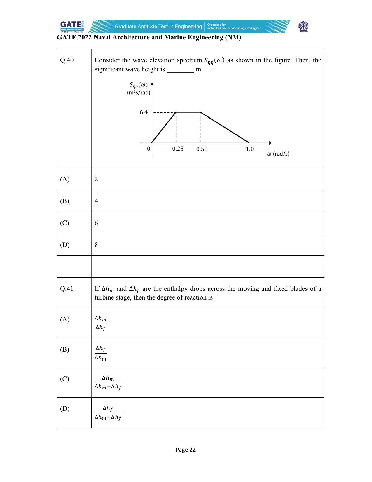 GATE 2022 Naval Architecture and Marine Engineering (NM) Question Paper - Page 22